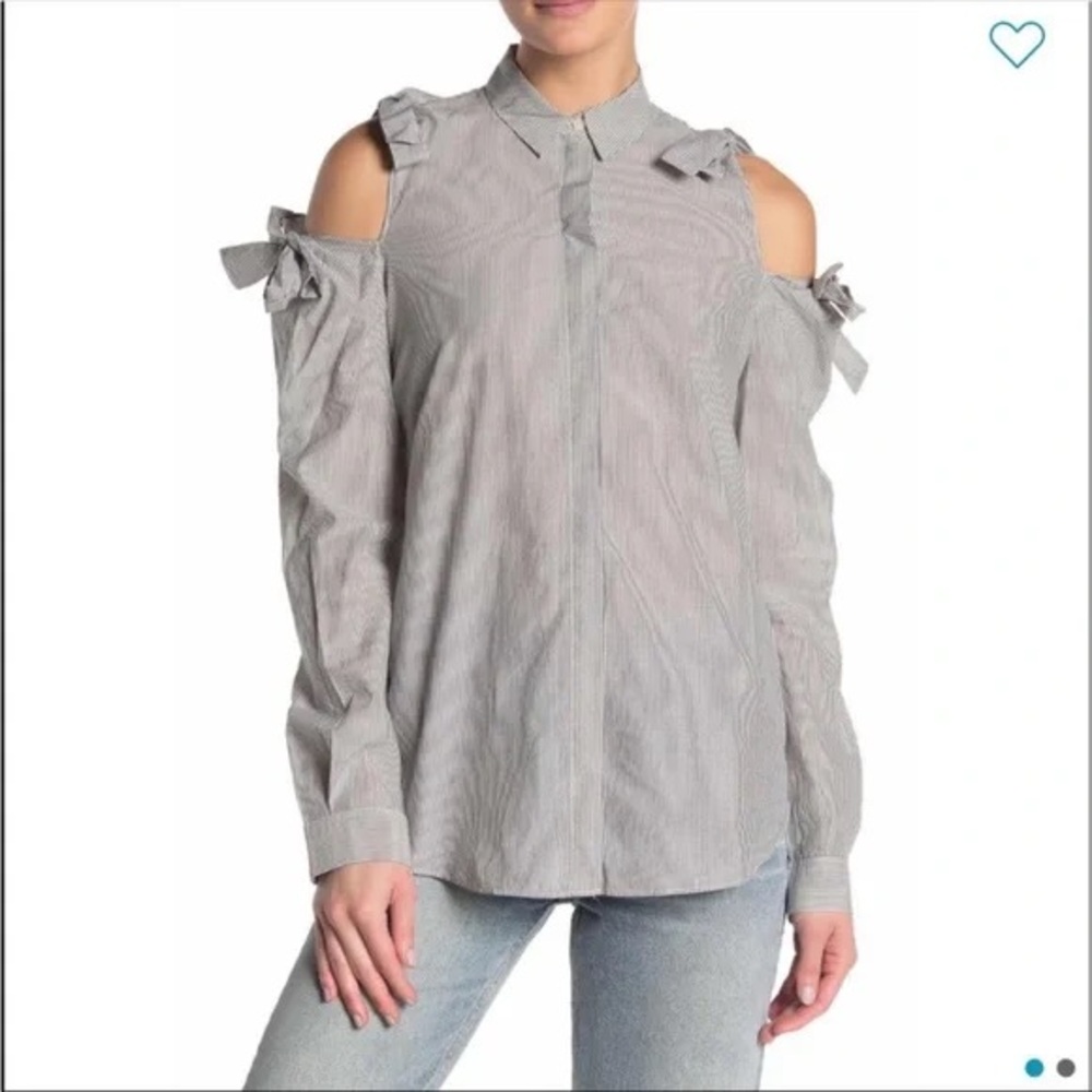 All Saints Gray Striped Cold-Shoulder Button-Down Shirt with Tie Details